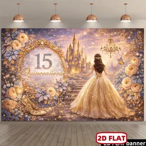Quinceañza 15th Birthday Backdrop with Golden Number 15, Ornate Floral Castle & Crystal Chandelier - Suitable for Indoor/Outdoor Party Decorations, Photo Background for Quinceañera Celebrations, No Power Required,