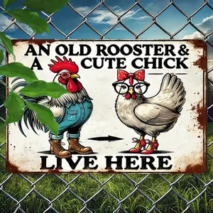 Vintage "Old Rooster & Cute Chick" Metal Sign - Rustic Farmhouse Wall Decor, Waterproof Funny Home Art, Perfect Gift for Couples (8x12 Inches)