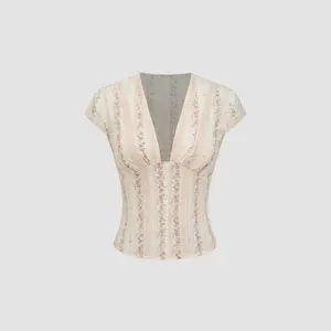 Cider Cotton V-neck Floral Short Sleeve Blouse&Plus