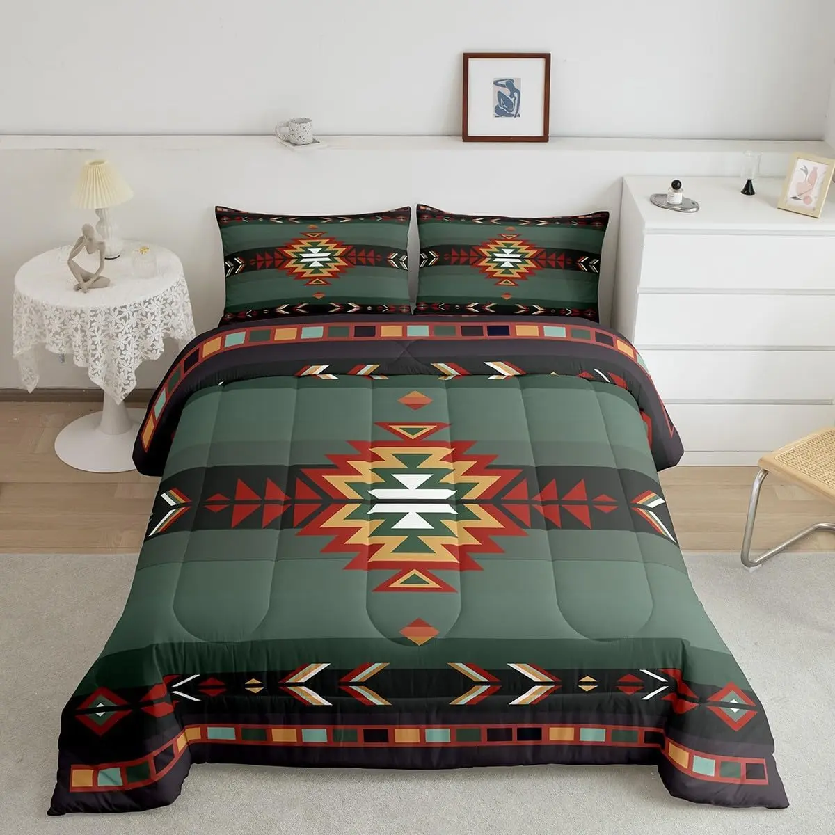 Southwestern Native Design Luxury Decorative Microfiber Bedding Set - Geometric Tribal Comforter, Vintage Green Red Duvet Set, Decorative Bedding Set