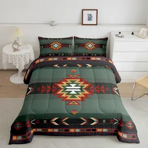 Southwest Native Design Luxury Bedding Set,Southwestern Geometric Designer Comforter Set,Soft Tribal Comforter,Vintage Green Red Duvet Set