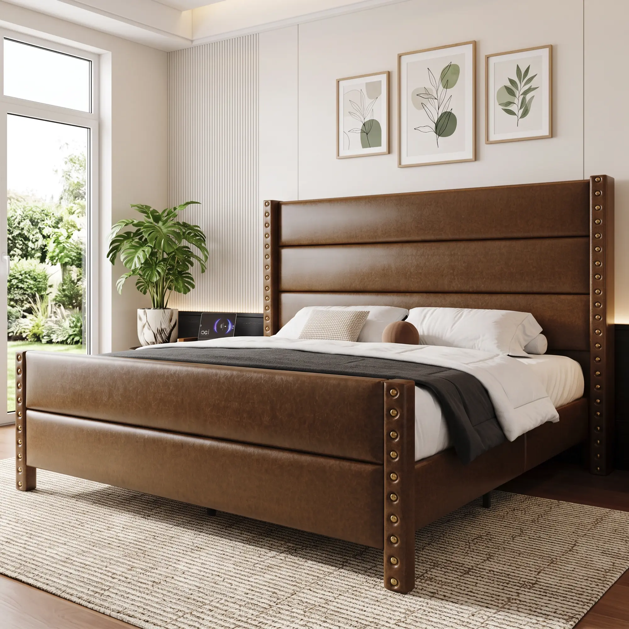 Belffin Queen Size Bed Frame 55"Tall Faux Leather Platform Bed Frames for Bedroom, Upholstered MidCentury Bed Frames for Queen With 25.6"Footboard,Big Rivets Wingback,Storage&Charger,Noise Free,Queen/King,Christmas Gifts[tiktokshopbacktoschool][SohoChic]