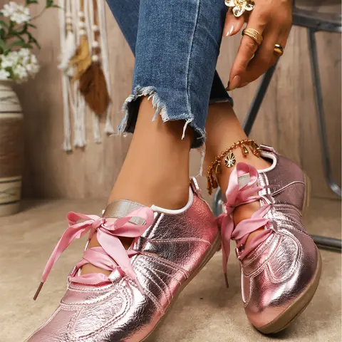 Women's Metallic Gold Lace-Up Sneakers, Non-Slip Sole, Lightweight Training Shoes, Stylish Sneakers