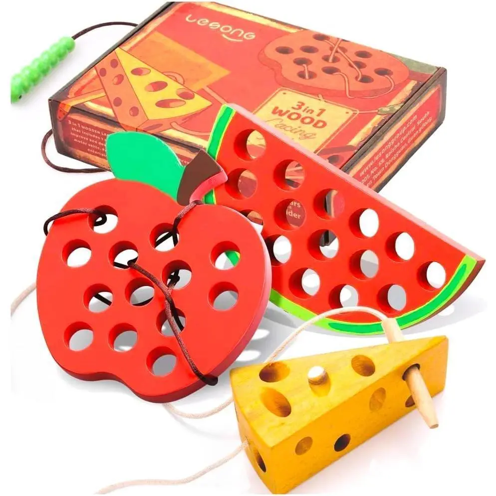 L-ITC132 Lacing Toy for Toddlers, Fine Motor Skill Toys for 3 Year Old, Educational Learning Montessori Activity for Baby Kids, Car Plane Travel Games, Wooden Threading Toys 1 Apple,1 Watermelon, 1 Cheese.
