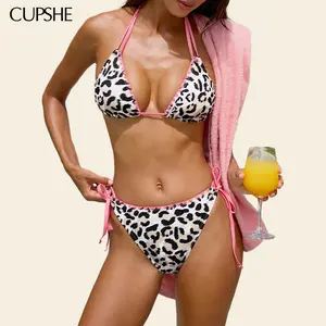 CUPSHE Pink Leopard Print Low-rise Diamond Neckline Light Bust Support  Halter Straps Bikini Set Swimsuit Beachwear