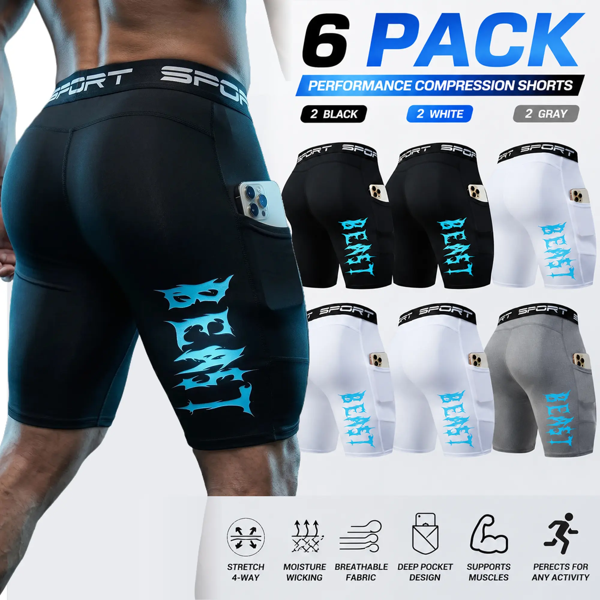 6-Pack Men's Athletic Compression Shorts with Phone Pocket