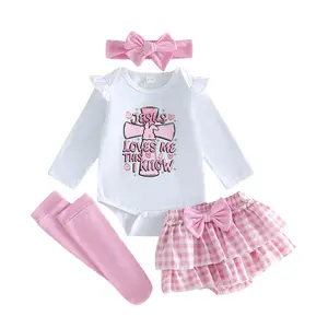 Babamoon Toddler Baby Girls Easter Outfits Set Jesus Loves Me Cross Print Romper Tops Tiered PP Shorts Headband Leg Warmers Clothes Sets 0-18 Months