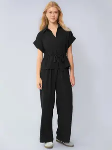 Women's Casual Simple Style Basic Everyday Collared Rolled-Up Short Sleeve Top & Wide Leg Trousers Co-ord, Skin-Friendly Waist Tie Two Piece Sets for Spring & Summer, Womenswear