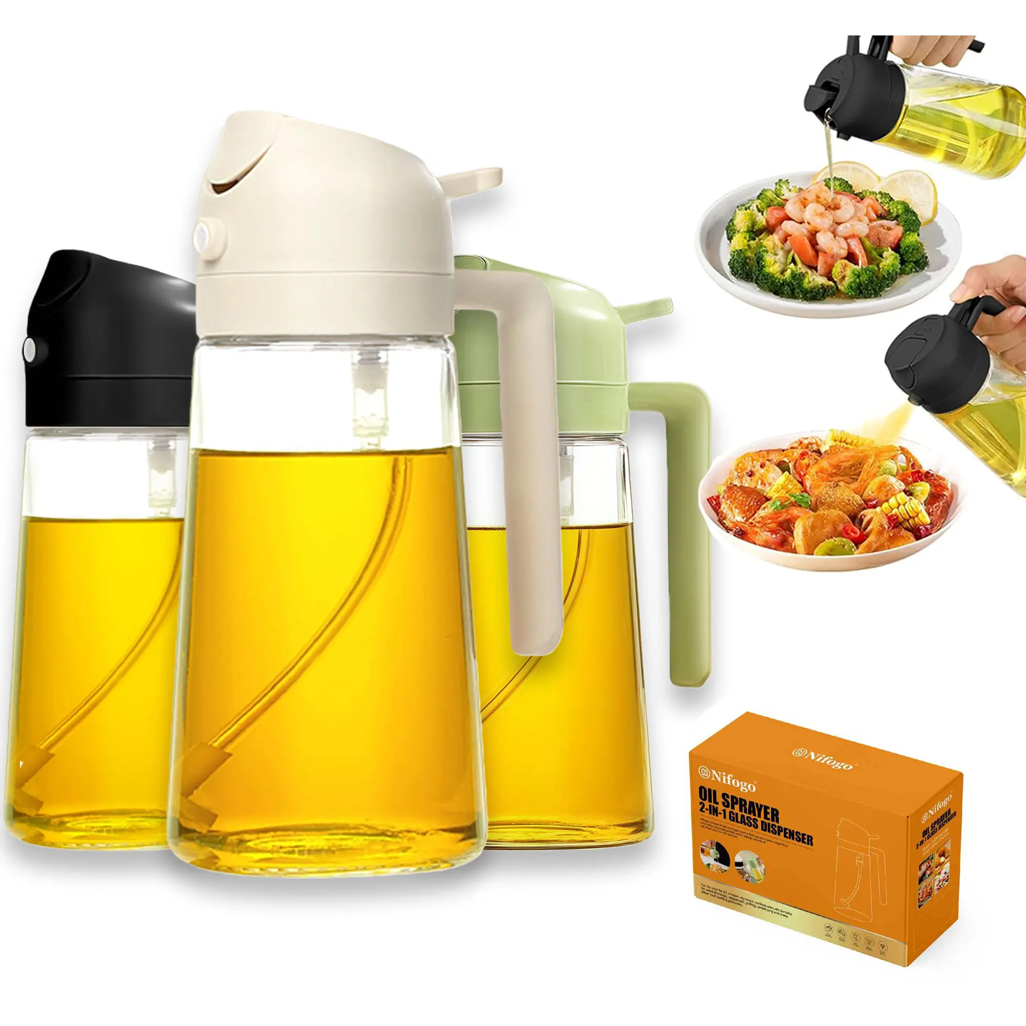 Nifogo 3Pack 16oz/470ml Glass  Sprayer Dispenser - 2-in-1 Black Green White for Air Fryer, Salad, BBQ & Frying Kitchen Essential Oil Handled