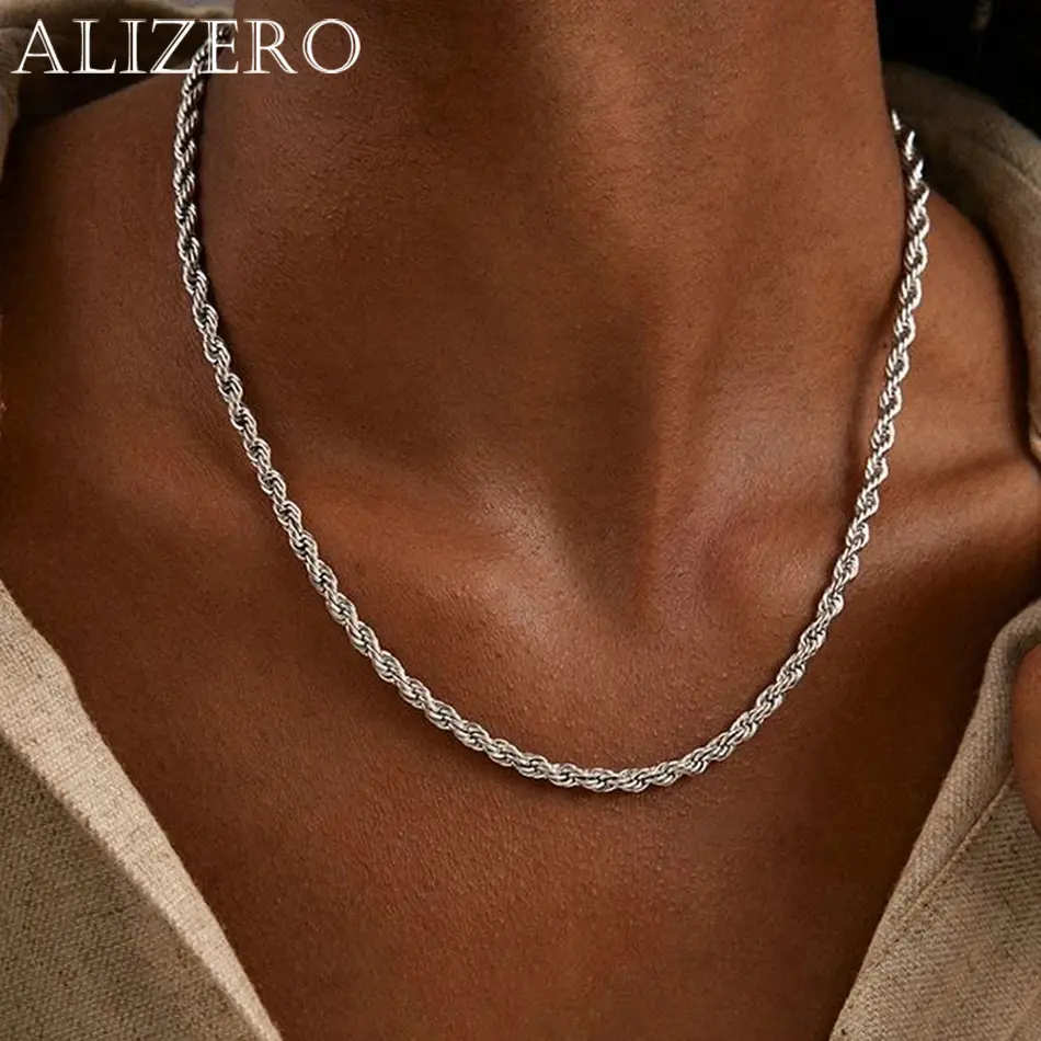 ALIZERO 925 Sterling Silver 4MM Rope Chain Necklaces For Women Men Fashion Hip Hop Party Punk Necklace Jewelry