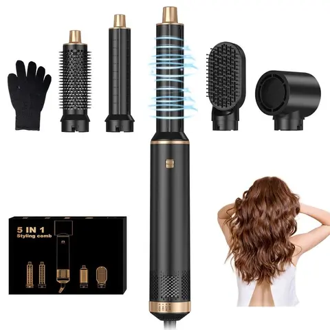 Black Edition 5-in-1 Multi-Function Hair Tool - Wavy Thermal Brush, Detachable Hot Air Brush, Automatic Curling Iron, Volumizer, Straightener for Salon Blowout, Quick-Drying, Lengthening for All Hair Types (Pink Edition)