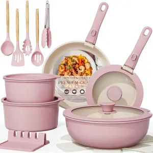 21 Pcs Pots and Pans Non Stick Ceramic Cookware Set, Detachable Handles, RV Kitchen Cooking Set, Oven Safe, Induction Ready, Stackable, Pink