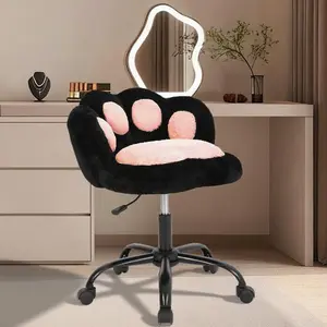 Vanity Chair, Armless Desk Chair Cute Small Office Chair w/ Cat Paw Back & Wheels, 360° Rotating Computer Chair, Adjustable Height for Vanity, Kids Room, Office, Bedroom