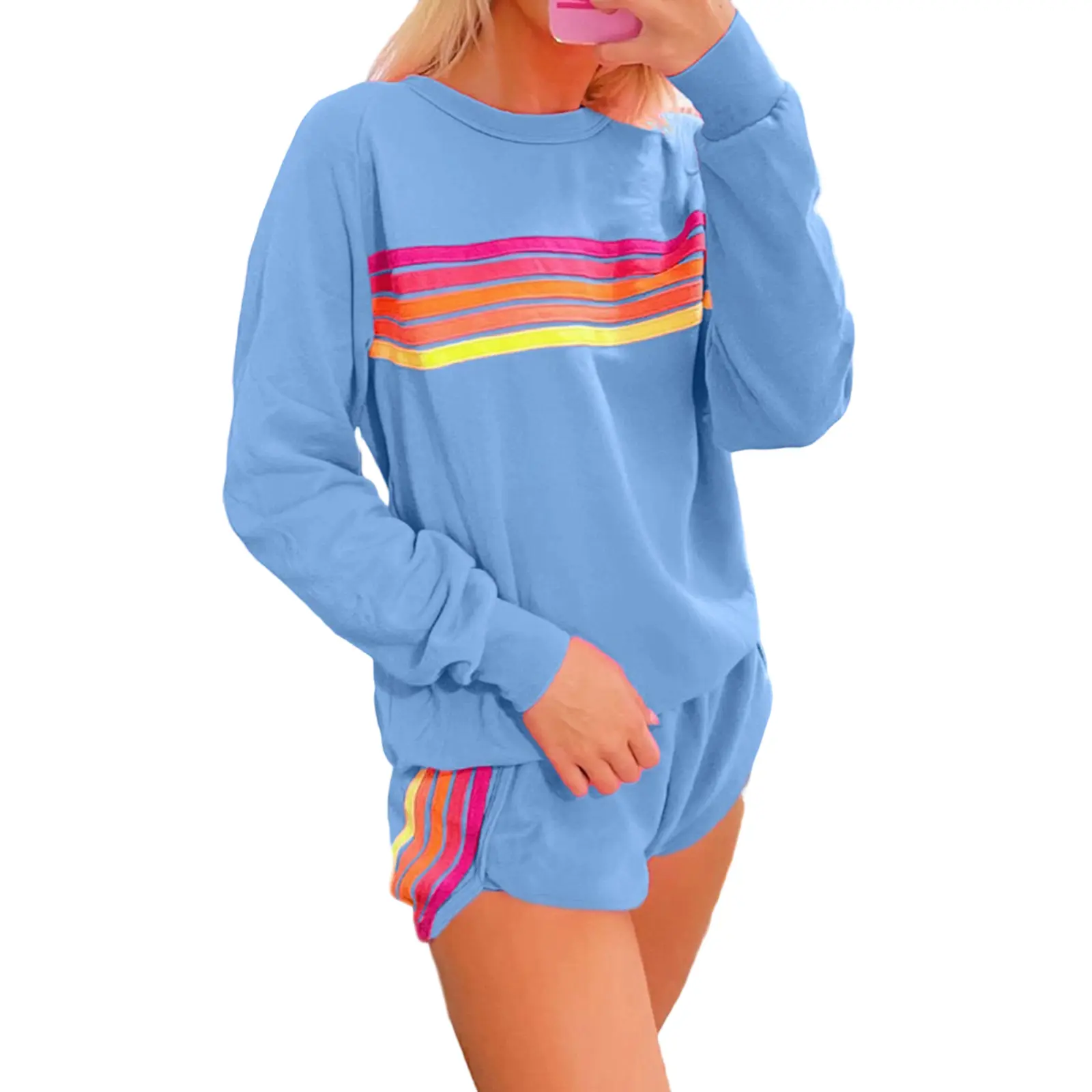 Women's 2 Piece Casual Set, Striped Longsleeves Tops and Polyester Dolphin Shorts Outfit for Lady, Pants, Pullover, Sweatshirt