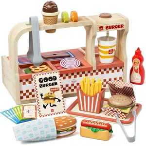 Wooden Play Food Sets, Play Hamburger Counter Shop, Toy Food for Toddlers, Play Food Sets for Kids Kitchen, Fake Food Pretend Play for Toddlers 3-5