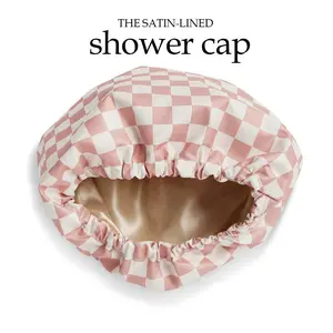 Luxury Shower Caps for Women Reusable Waterproof Flexi Satin Lined Quick-dry Adjustable Hair Cap for Long & Short Hair Terracotta Checker Pattern