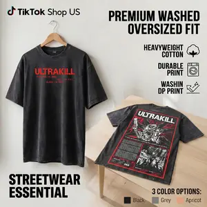 Ultrakill Oversized Washed T-Shirt Vintage Graphic Tee Heavyweight 280 GSM Unisex Y2K Streetwear Gamer Retro FPS Dark Aesthetic Fans Gift Top Trendy