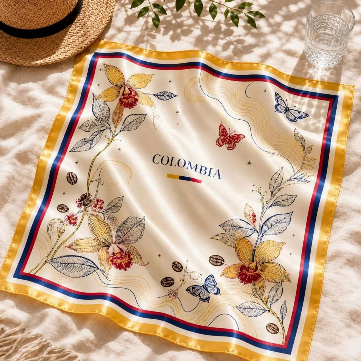 Colombian Heritage Satin Scarf, Colombia Flag Inspired Head Scarf, Neck Hair Scarf, Bag Accessory Gift