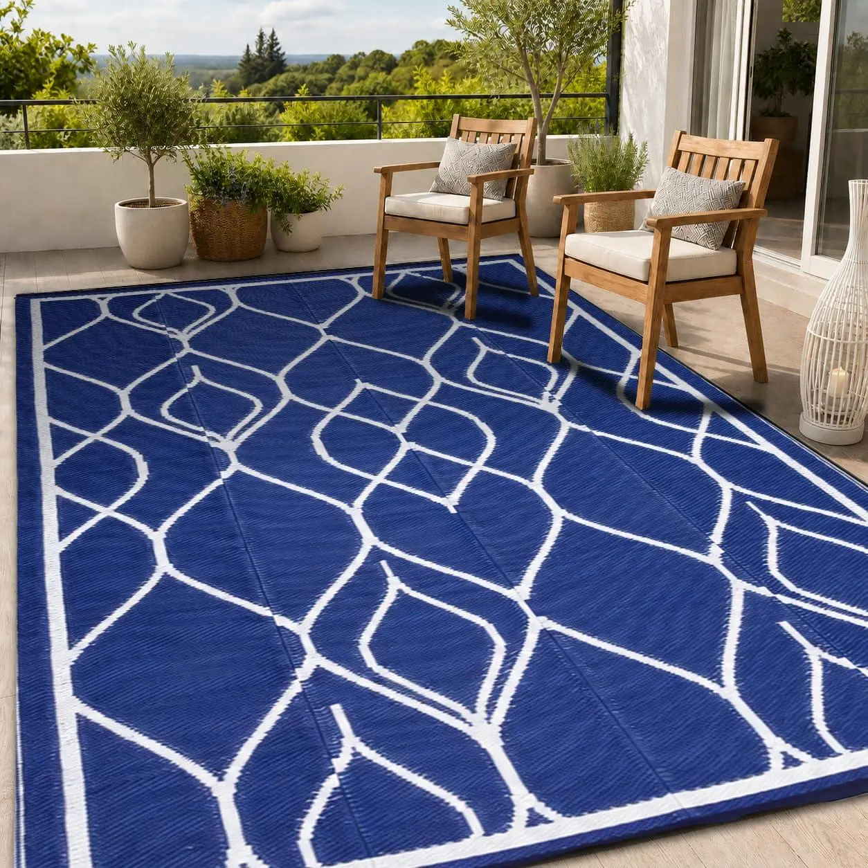 Garvee Waterproof Outdoor Rug 5x8 ft, Foldable Plastic Rug, Modern Area Rug, Large Floor Mat for Outdoors, RV, Patio, Backyard, Deck, Picnic, Beach, Camping, Dark Blue & White
