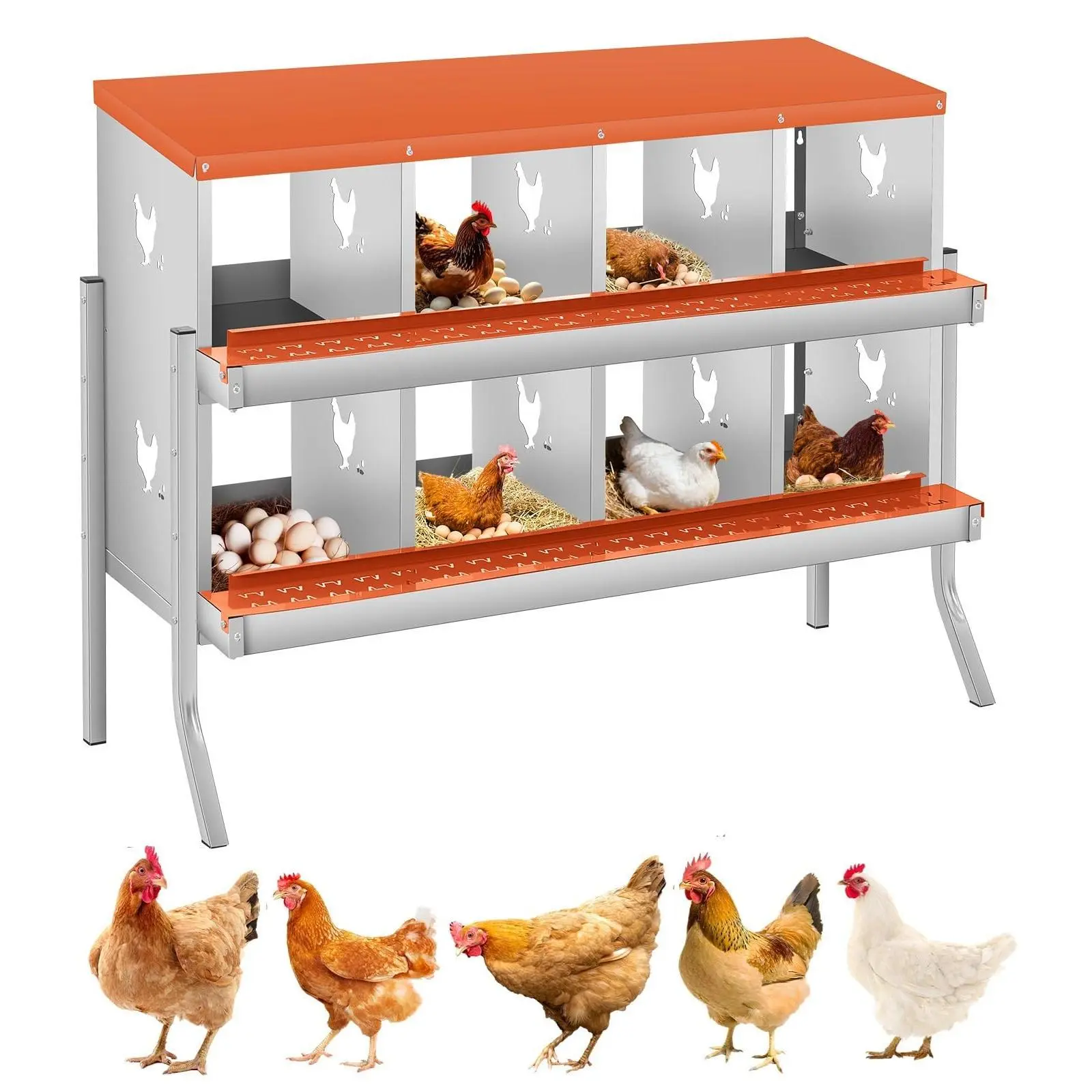 Garvee Chicken Nesting Box, 8-Compartment Chicken Nesting Box, Two-Tier Galvanized Steel Hen Egg Storage Box with Large Ventilated Holes, Assembly