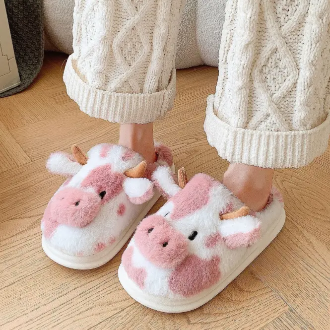 Women's & Men's Cow Print Ankle Slippers - Slip On, Casual, Adorable & Kawaii, Warm Deodorant Fuzzy Fur Shoes with Lightweight EVA Foam Thick Non-Slip Sole, Indoor-Outdoor Footwear