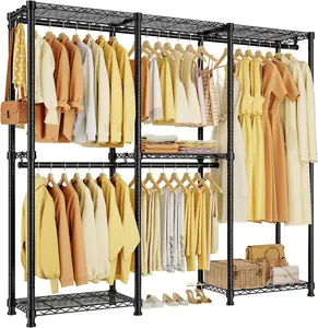 Portable Closet Heavy Duty Clothes Rack, Freestanding Clothing Racks for Hanging Clothes, Adjustable Garment Wardrobe Rack with 4 Hang Rods & Shelves ,73.6" L x 17.3" W x 76.4" H, Black