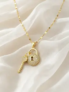 Lock and Key Necklace for Women, Dainty Cubic Zirconia Padlock Pendant Necklace, Sparkly CZ Heart Key Clavicle Chain, Love Symbol Jewelry Gift for Her