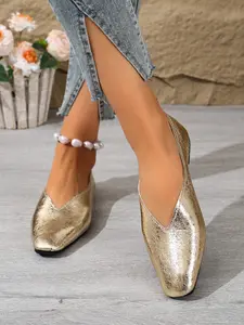 Women's Luxury Metal Finish V-Neck Loafers, Soft Sole Mules, Slip On Shoes for Commuting, Casual Outing, Dating, All Seasons, Flats