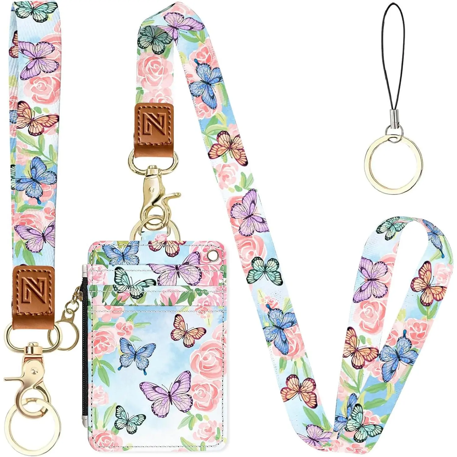 Butterflies Among The  2-in-1 ID Badge Holder & Lanyard Wallet for Teachers,Nurse,Professionals-Cute Zippered  Pouch,Removable Wristlet &  Lanyard,5 Card Slots Stylish Work Essential