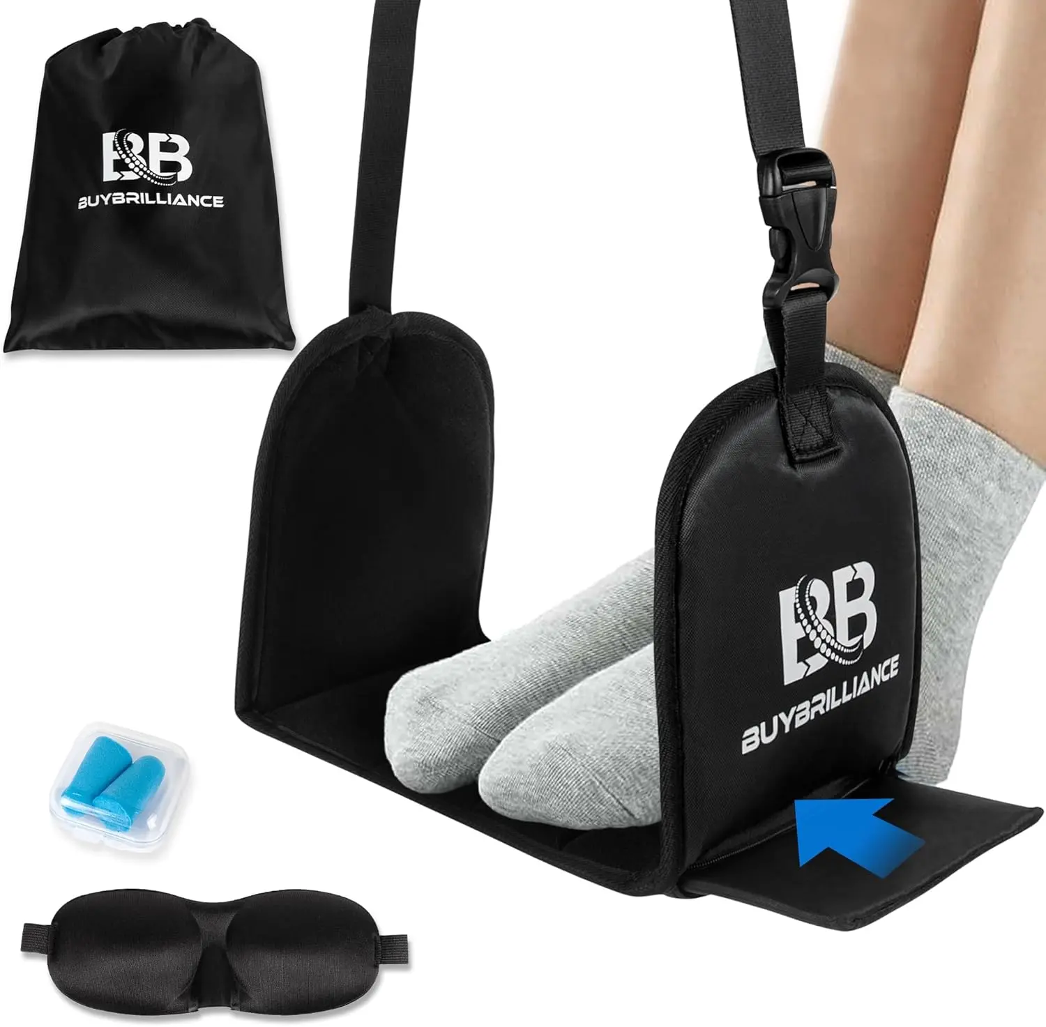 Buybrilliance Airplane Foot Rest 2 in 1 Portable Memory Foam Leg Hammock for Airplane Travel with Hardboard Support. Comfortable Foot Hammock for Plane Travel Essentials with Eye Mask & Earplugs