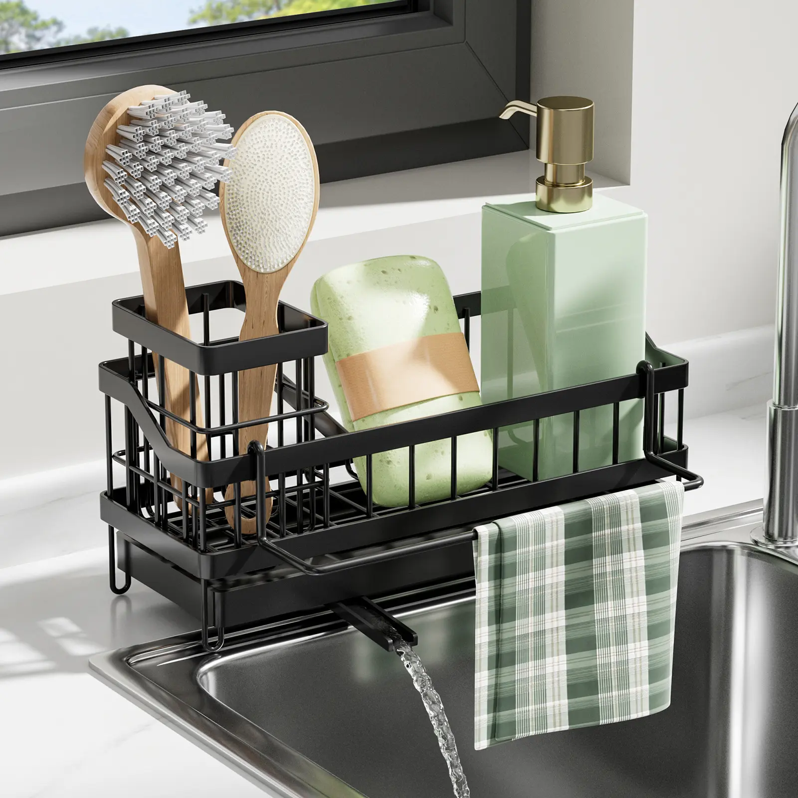 304 Stainless Steel Black Kitchen Sink Sponge Holder Rack - Rustproof, Corrosion Resistant, Durable Home Organizer with Tall Brush Holder, Soap Dispenser, Sink Organization, Efficient Water Drainage, Hassle-Free Cleaning, Easy Countertop Installation