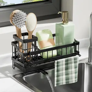 Black Sponge Holder for Kitchen Sink, Sink Caddy Organizer with High Brush Holder, Kitchen Countertop Organizers and Storage Essentials, Rustproof 304 Stainless Steel, Soap Dispenser Organize