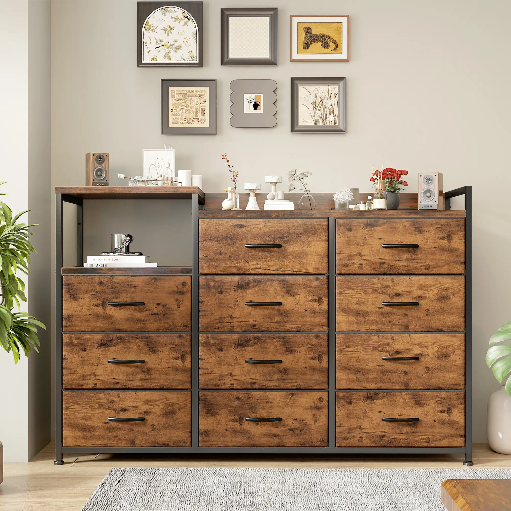 RaybeeFurniture Dresser with 11 Drawers, Wide Dressers & Chests of Drawers, Sturdy Metal Frame & Wood Top, for Bedroom Living Room Entryway