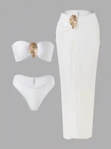 Women's 3 Piece Swimsuit Set White Strapless Bandeau Gold Shell Detail Maxi Skirt Cover Up