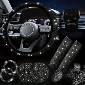 8Pack Bling Car Accessories Set Women Rhinestones Leather Accessories Steering Wheel Cover Armrest Gear Shift and Seat Belt and Handbrake Cover Start Button Ring (Black Diamond) - Tools & Hardware.