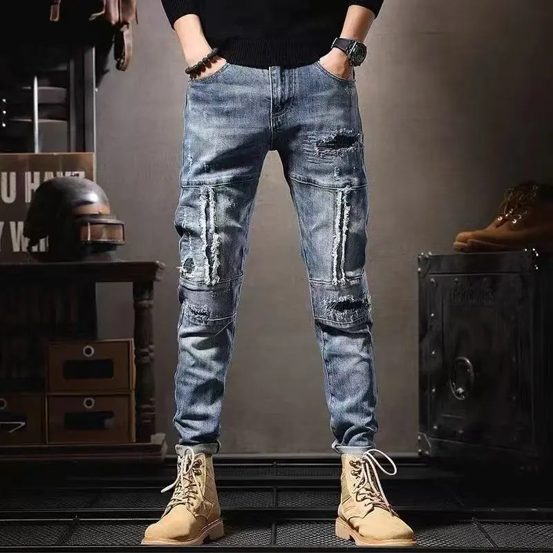 New Men's Slim Denim Jeans Casual Spring and Autumn Stretchy Skinny Pants Korean Style Trendy Cowboy Hip Hop Cropped Trousers