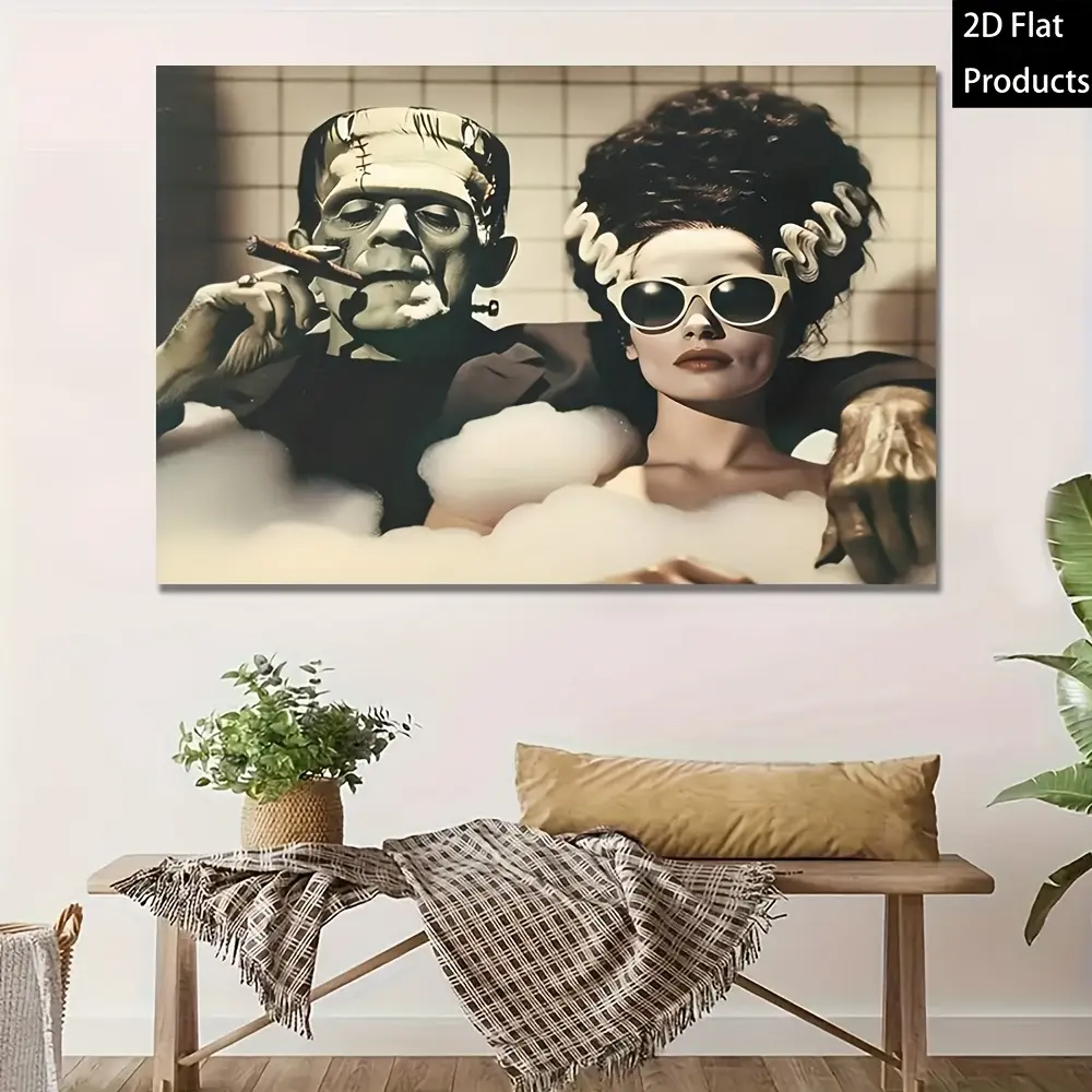Frankenstein & Bride Bath Cigar Canvas Wall Art Decor - Spooky Retro Horror Couple Print, Funny Gothic Bathroom Poster, Lightweight Novelty Character Art (Unframed/Framed Options, Great Gift) wall decor posters