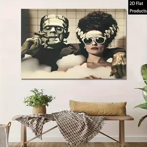 2D Flat Canvas Wall Art - Frankenstein & Bride Gothic Horror Art Print, Premium Quality Ready-to-Hang 2D Flat Canvas Painting for Living Room, Bedroom, Office - Vintage Horror Decor, Farmhouse Wall Art, Easter Home Gift, 2D Flat