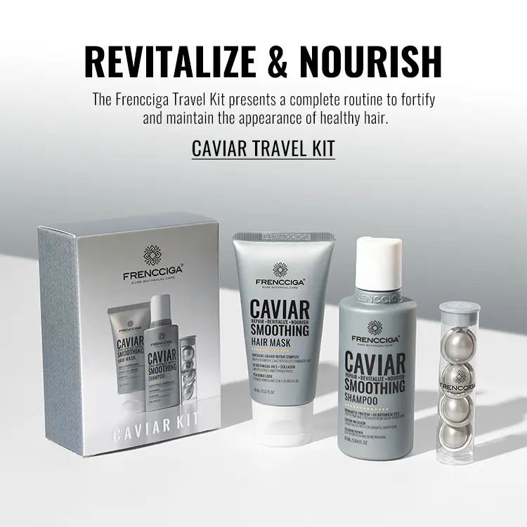 FRENCCIGA Caviar Travel Kit - Shampoo Conditioner Hair Oil for Damaged Detangled Dry Hair - Travel Size - Revitalize & Nourish Routine