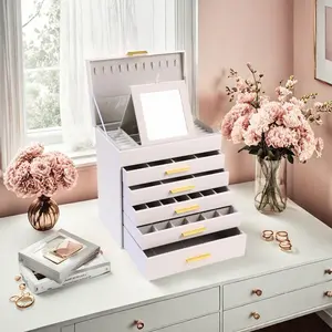 BOOVO Jewelry Box with Necklace Hanger – 6 layer Jewelry Organizer for Women with 5 Drawers, Large Jewelry Storage Boxes –Jewelry Organizers and Storage for Earrings, Necklaces