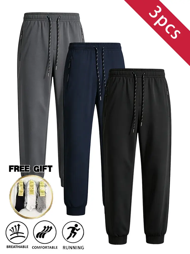 3PCS Men’s Straight-Leg Sports Running Pants with Zipper Pockets, Lightweight Jogging Pants, Elastic Drawstring Waist, Side Zipper Pocket Design, Breathable Loose Fit, Suitable for Daily Casual Exercise, Ideal for Running, Fitness, and Outdoor Wear, Inclu