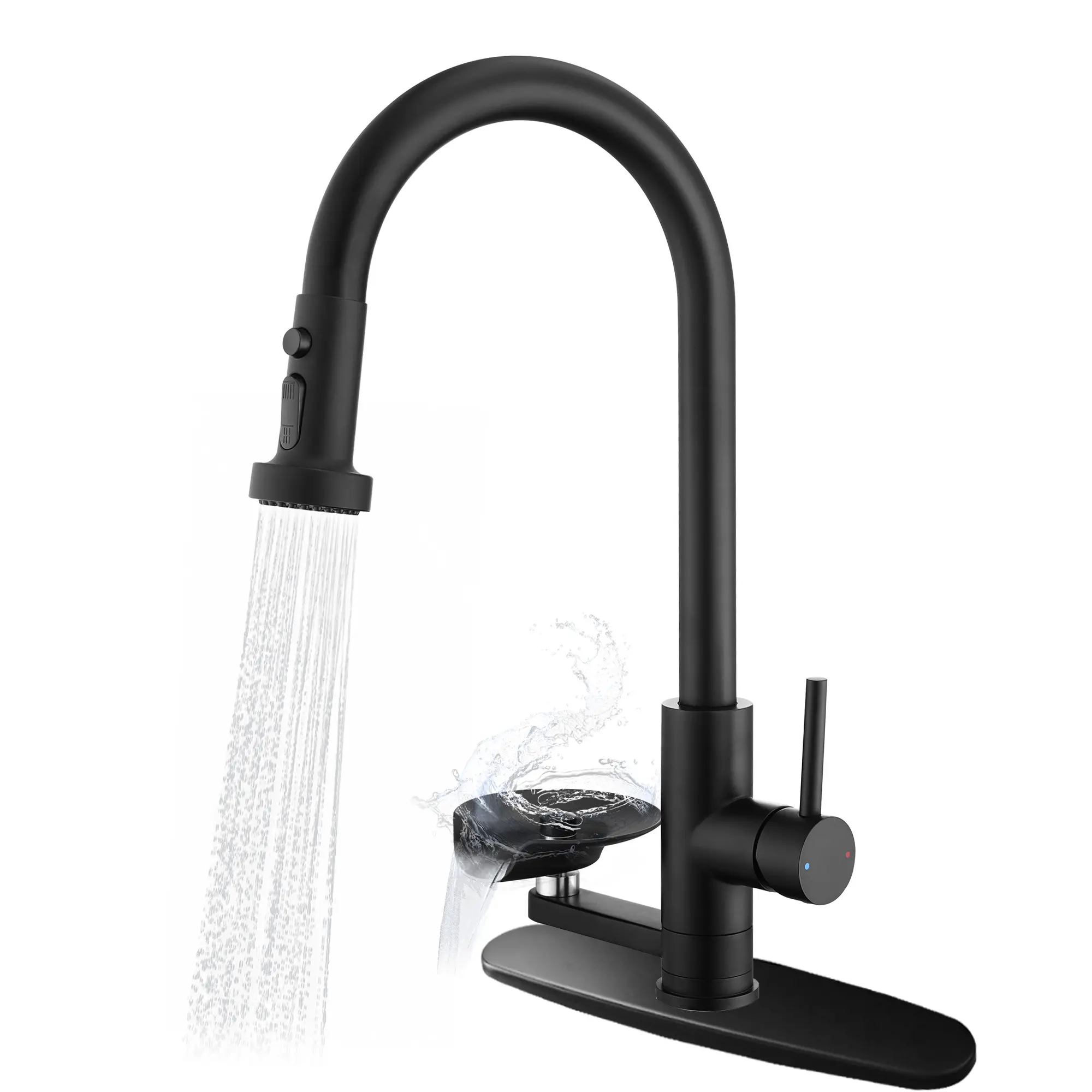 3-in-1 Kitchen Faucet with Built-in Glass Rinser & Pull-Down Sprayer | High Arc Kitchen Sink Faucet, 3 Spray Modes, Matte Black, Modern Kitchen Sink Faucet
