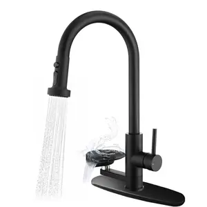 3-in-1 Kitchen Faucet with Built-in Glass Rinser & Pull-Down Sprayer | High Arc Kitchen Sink Faucet, 3 Spray Modes, Matte Black, Modern Kitchen Sink Faucet