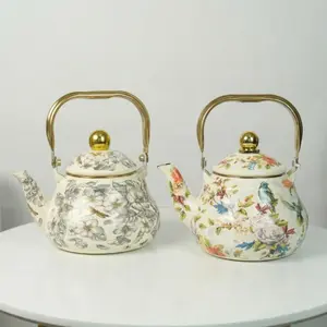 Enamel Tea Pot，Cute Floral Bird Pattern Tea Pot, Vintage Enamel Kettle, Thick Flat Bottom Water Jug, for Home Kitchen, Household Teapot, Holiday Commemorative Gifts