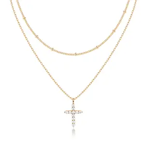 PAVOI 14K Gold Plated Layered Cross Pendant Necklace - Layering Necklaces for Women - Dainty Minimalist Design Pendant
