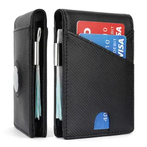 Large-capacity short wallet with a small grain pattern, US dollar clip, top-grain genuine cowhide leather, AirTag holder, men’s wallet