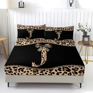Leopard Print J Q U V W X Y Z Bed Fitted Sheet Set, Base with Leopard Letters & Bowknots, Soft Breathable Fabric, Non-Slip, Ideal for Trendy Bedrooms