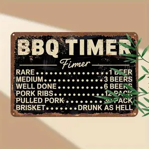 1pc Vintage Tin BBQ Timer Sign - Heavy-Duty Aluminium Metal Plaque (12x8 in/30x20 cm), Rustic Kitchen & Room Decor, Man Cave Gift - Meat Doneness Chart, Beer Guide, Grill Marker
