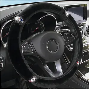 Steering Wheel Cover with Sparkly  Rhinestones, Universal 15 Inch  Elastic Steering Wheel Protector for Women Girls (Black)
