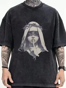 Vintage Washed Nun Print Short Sleeve T-Shirt, Loose-Fit Casual Long Top, Breathable Polyester Streetwear, Youth Couples Fashion
